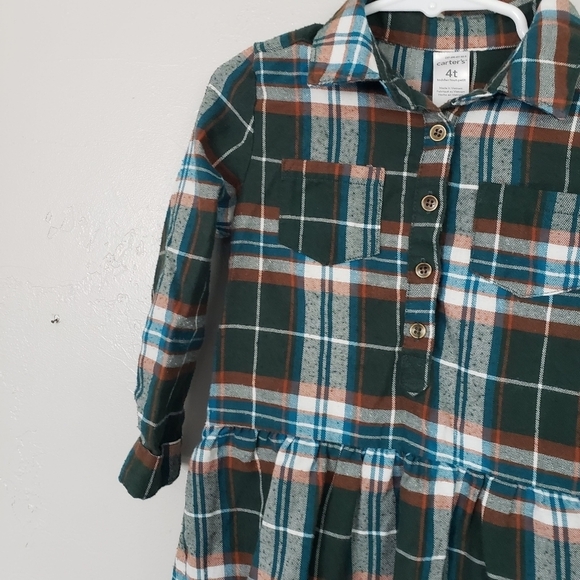 Carter's Toddler Girl 4T Fall Plaid Flannel Dress Pleated Long Sleeve Green - Picture 5 of 5